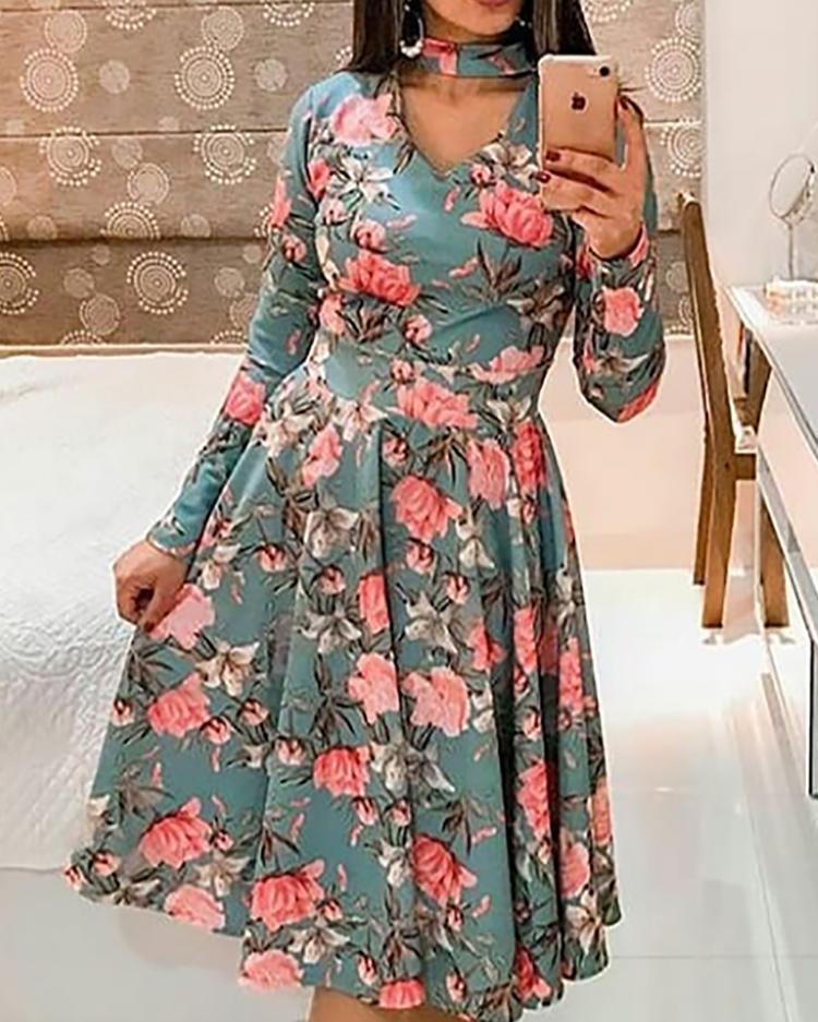 

Floral Print Choker Cutout Casual Dress, Blue
