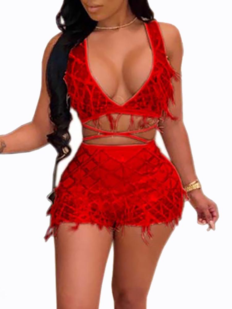 

Sheer Feather Detail Geo Top & Shorts Set, Red