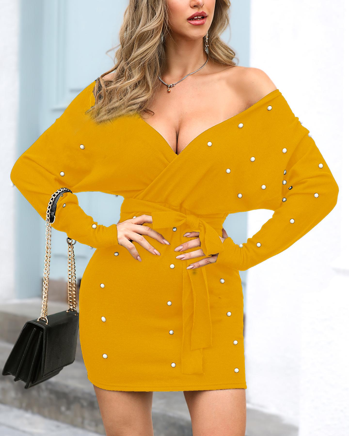 

V Neck Beaded Design Lantern Sleeve Bodycon Dress, Yellow