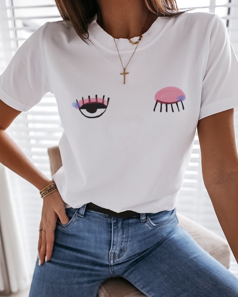 

Eyes Print Short Sleeve Casual T-shirt, White