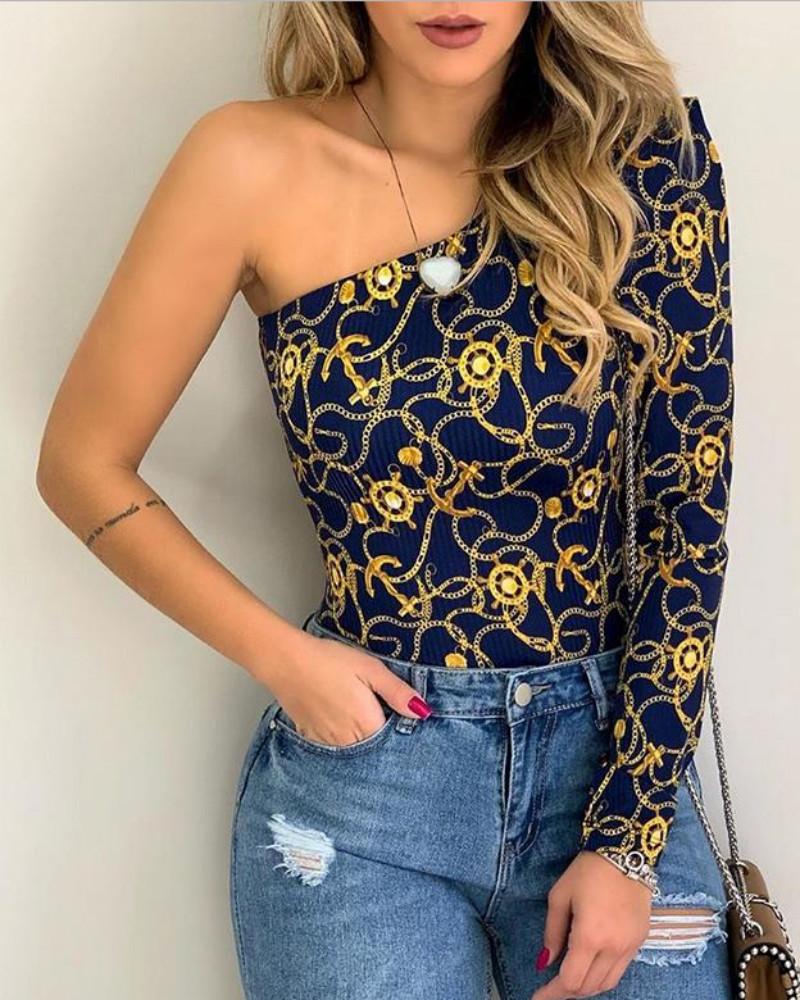 

One Shoulder Chain Print Bodysuit, Dark blue