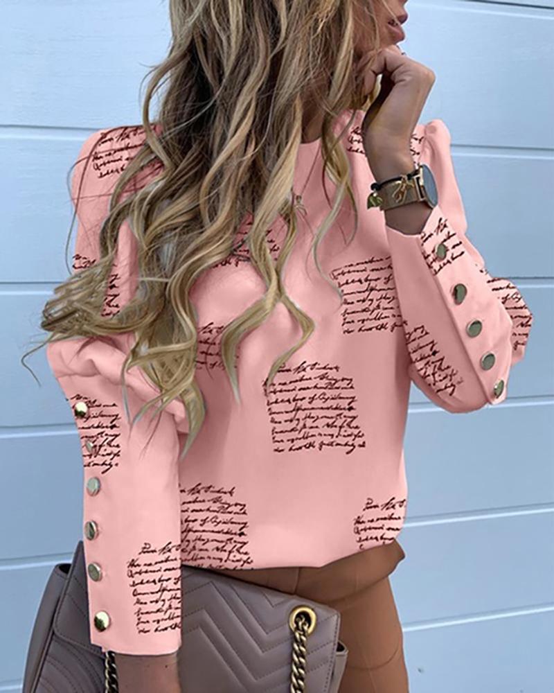 

Round Neck Letter Print Popper Cuff Blouse, Pink