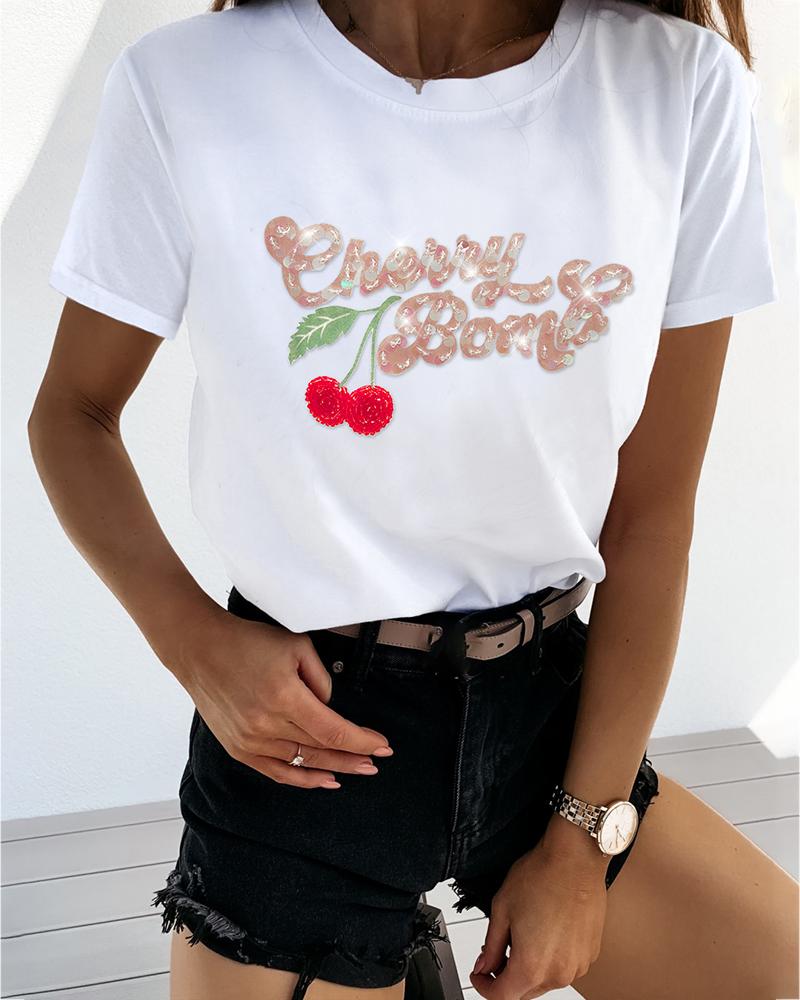 

Sequins Letter Pattern T-shirt, White