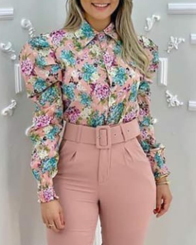 

Floral Bubble Fitting Button-down Blouse, Pink