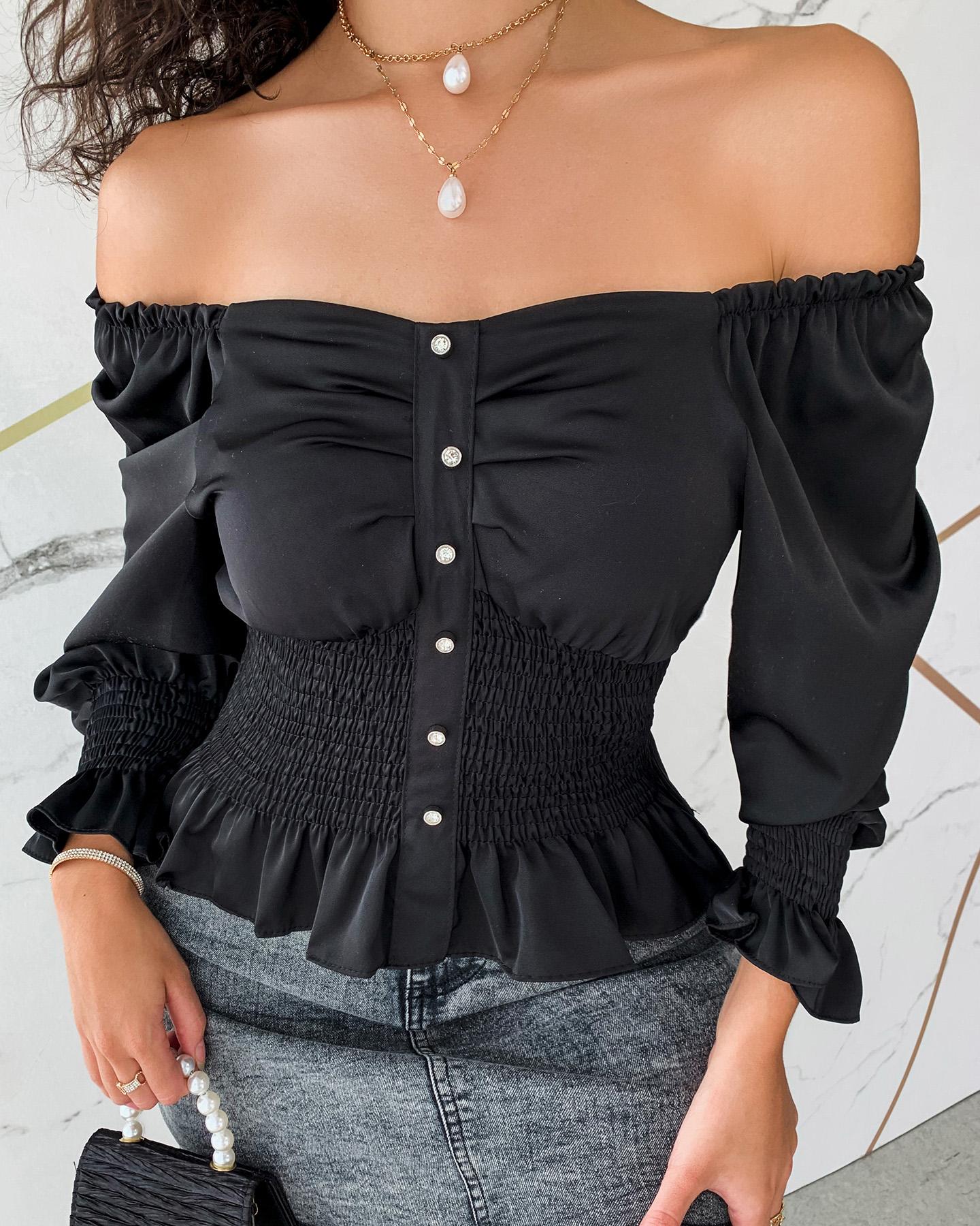 

Off Shoulder Button Ruffles Hem Shirring Top, Black
