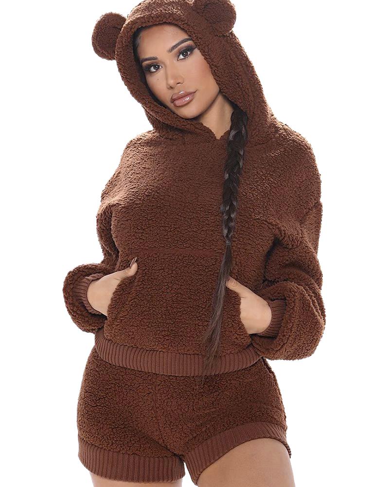 

Plain Pocket Design Hooded Teddy Top & Shorts Set, Dark brown