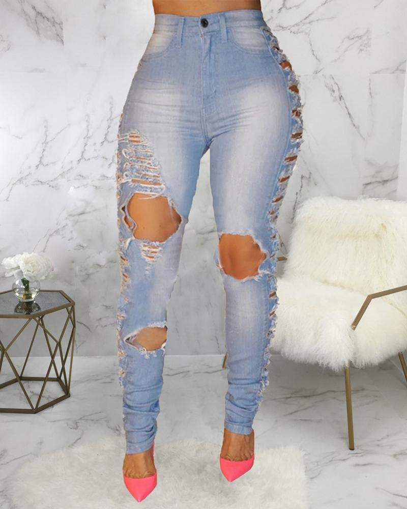 

High Waist Ripped Ladder Cut Out Denim Pants, Blue
