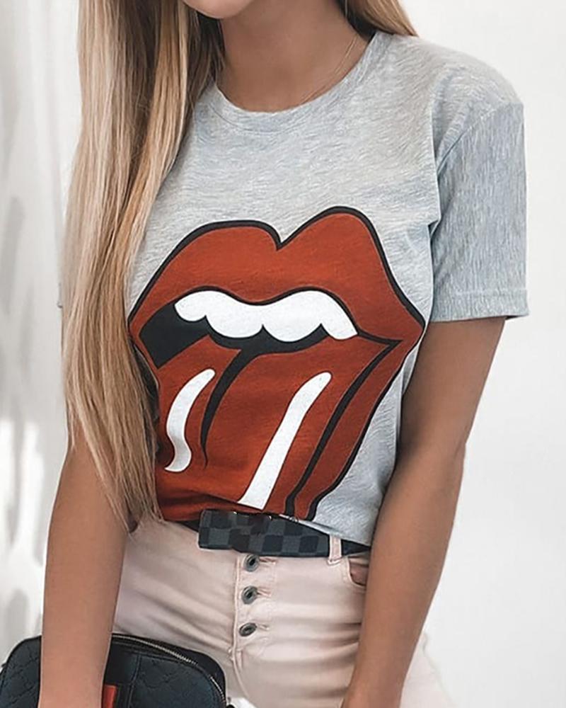 

Lip Print Round Neck T-shirt, Gray