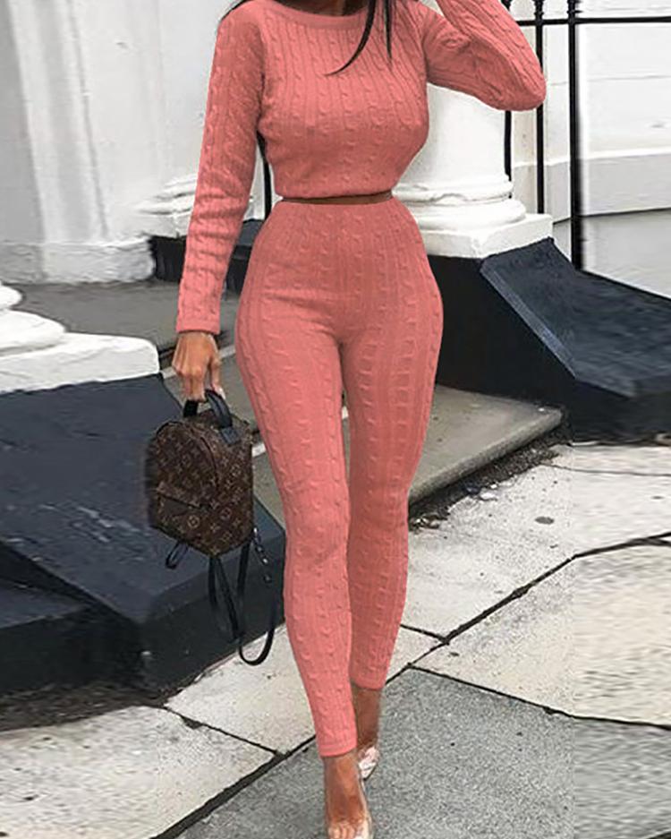 

Long Sleeve Knit Pullover Sweater & Pants Sets, Pink