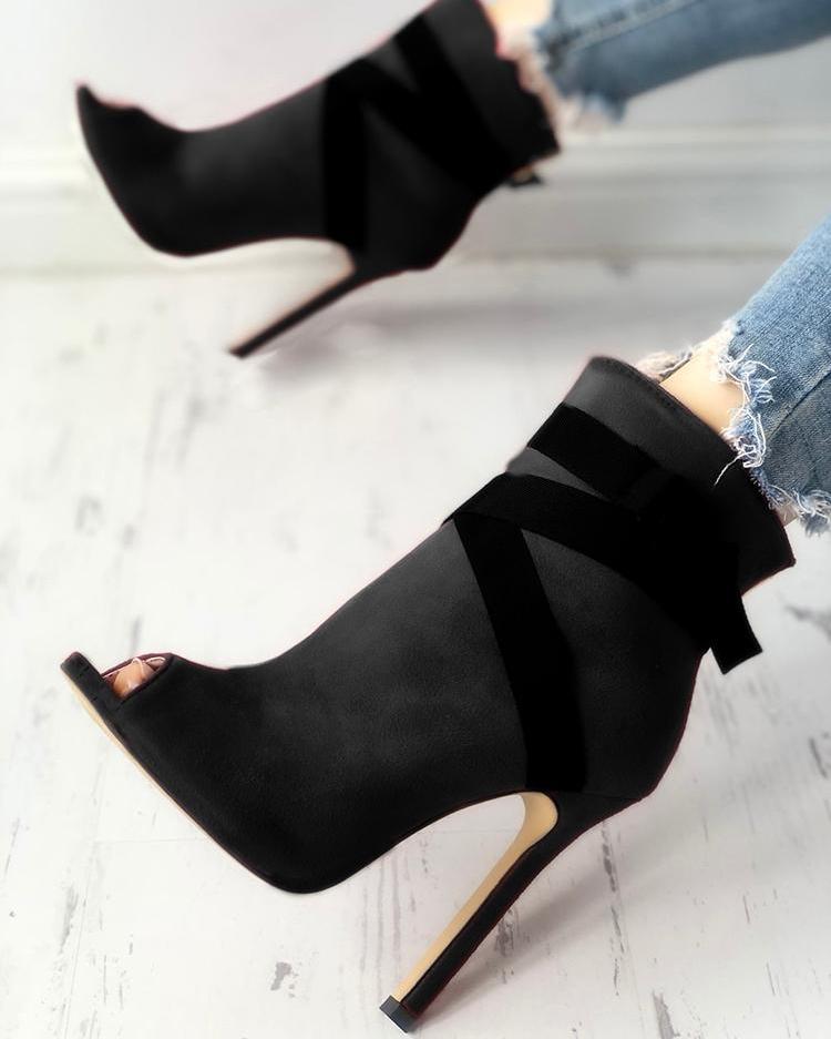 

Suede Crisscross Bandage Peep-toe Thin Heels, Black