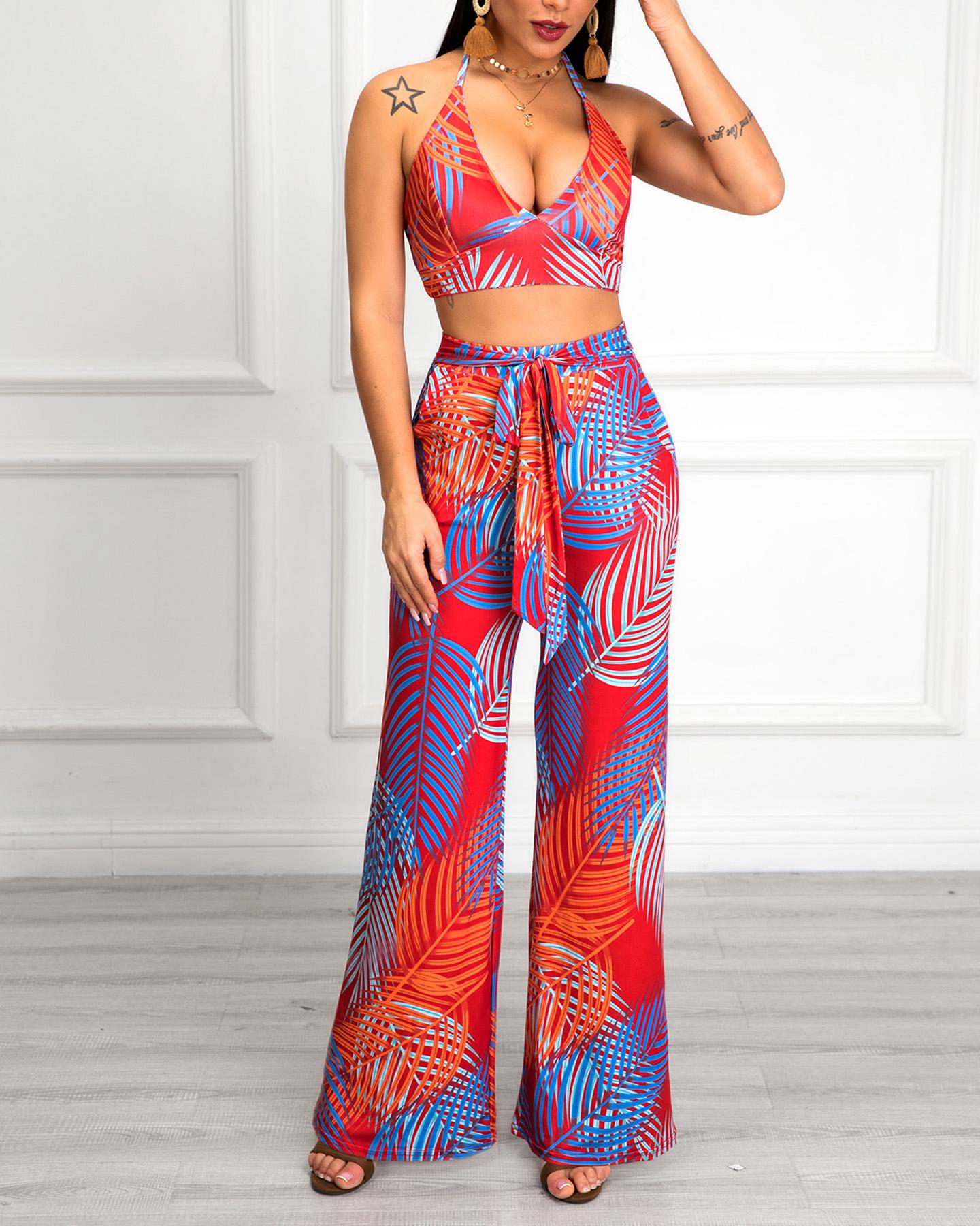 

Leaf Print Cami Top & Wide Leg Pants Set, Red