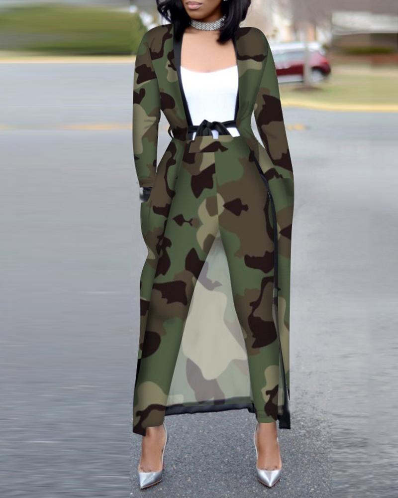 

Contrast Binding Belted Coat & Pants Sets, Army green