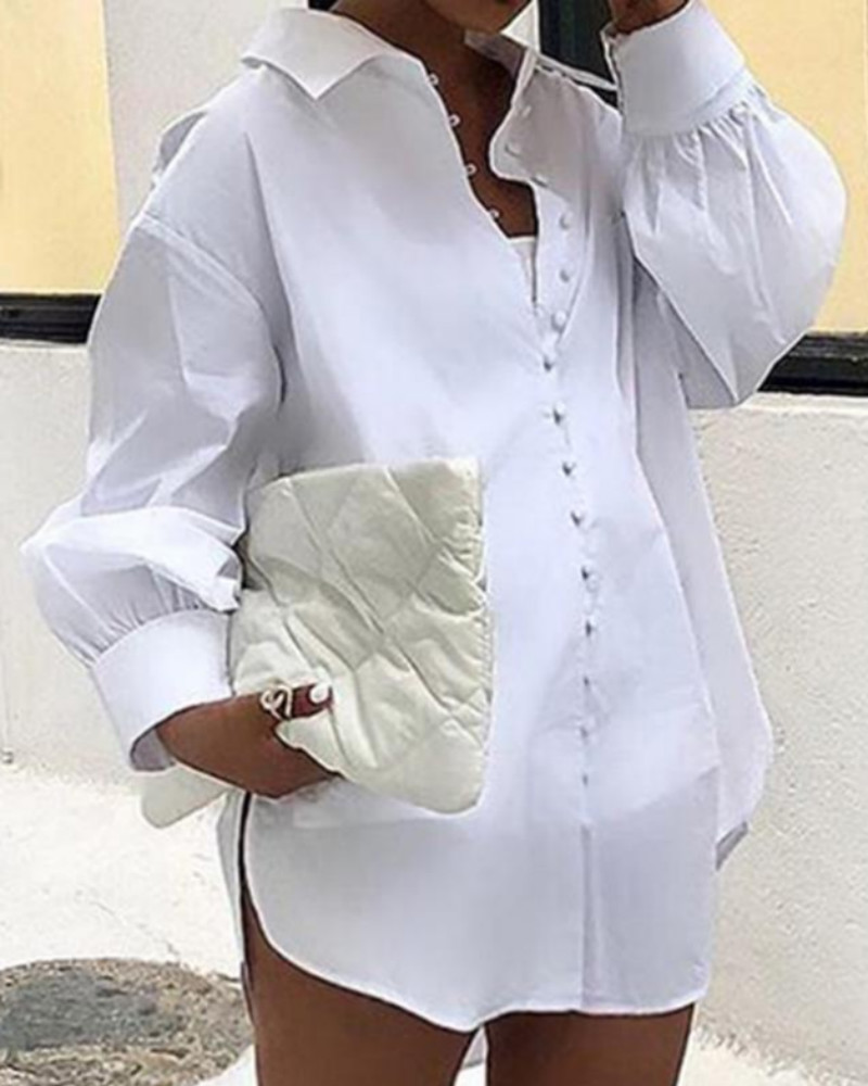 

Casual Long Sleeve Solid Shirt Dress, White