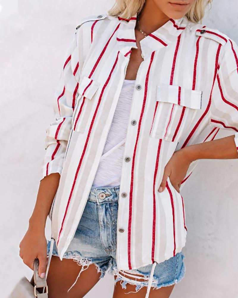 

Striped Colorblock Pocket Design Casual Shirt, Red