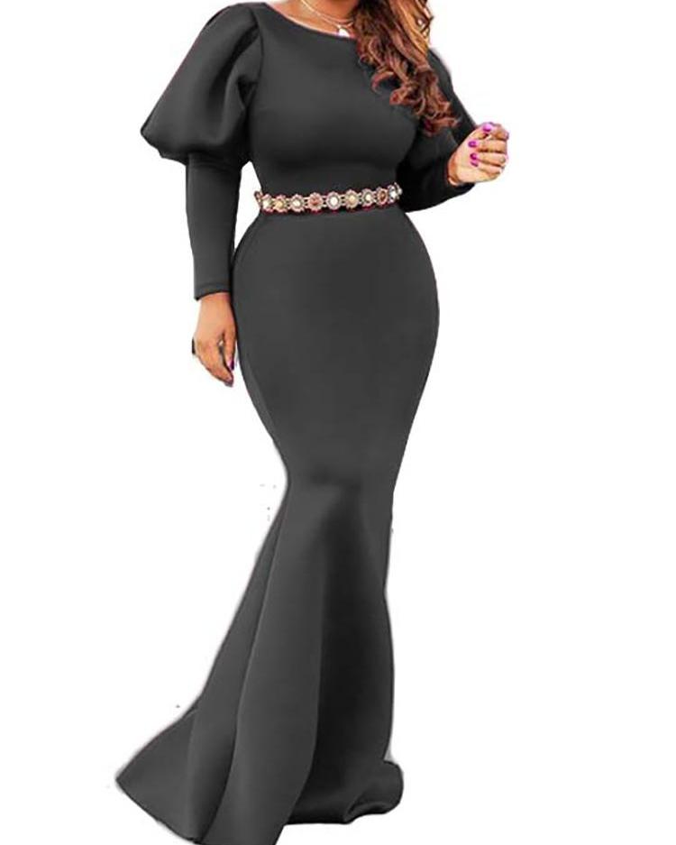 

Puff Sleeve Fishtail Evening Dress, Black