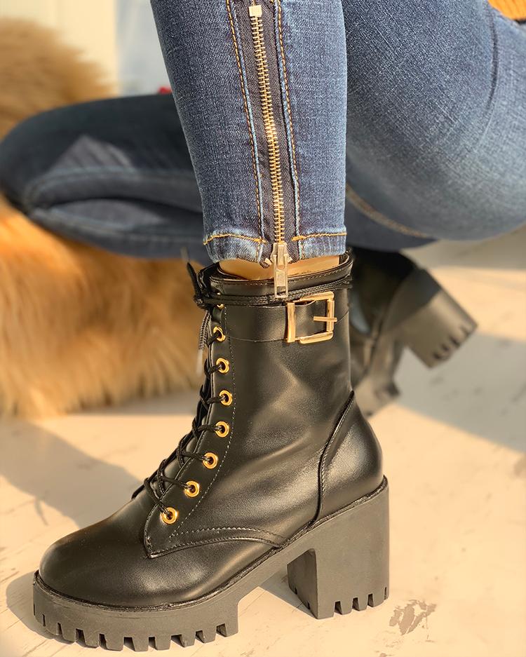

PU Platform Eyelet Lace-Up Chunky Heeled Boots, Black