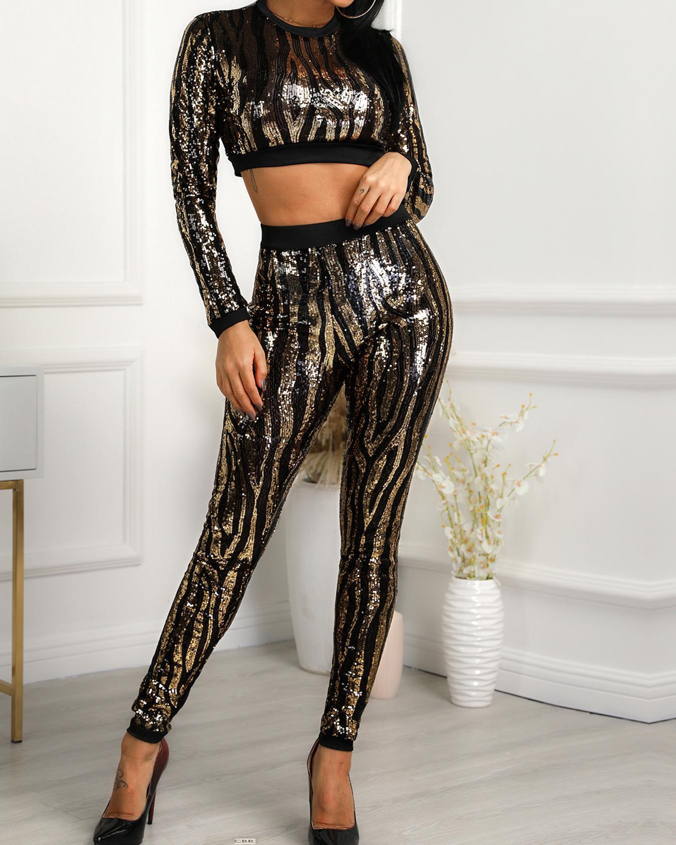 

Shiny Long Sleeve Crop Top & Pant Sets