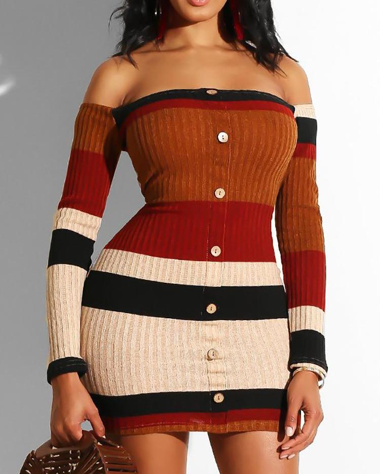 

Contrast Stripes Off Shoulder Bodycon Mini Dress, Brown