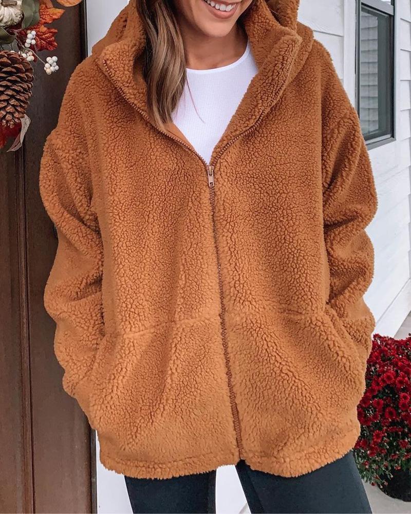 

Zipper Design Hooded Teddy Coat, Brown