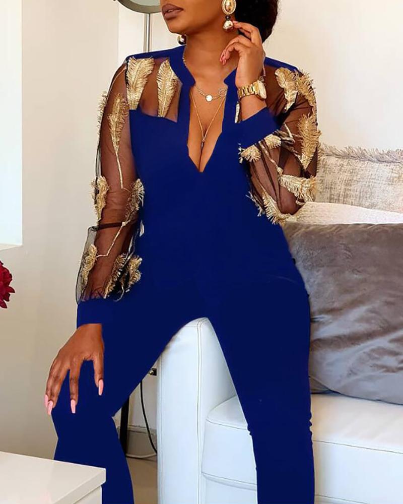 

Feather Sheer Mesh Insert Plunge Jumpsuit, Blue