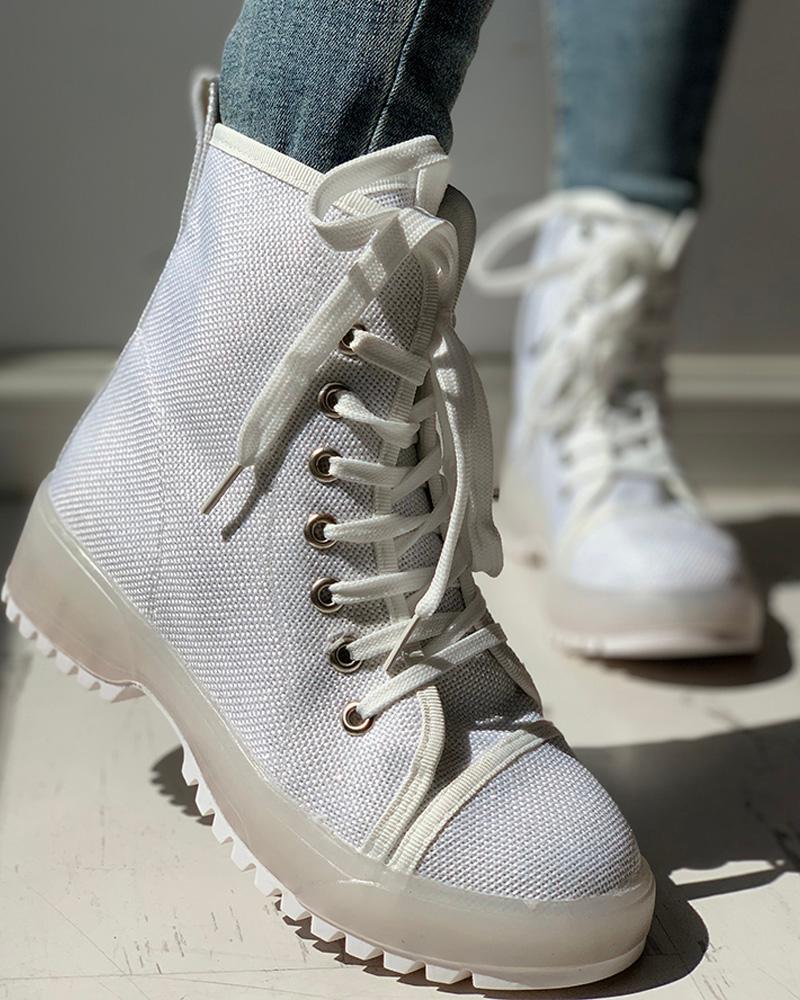

Solid PU Lace-Up Chunky Heels, White