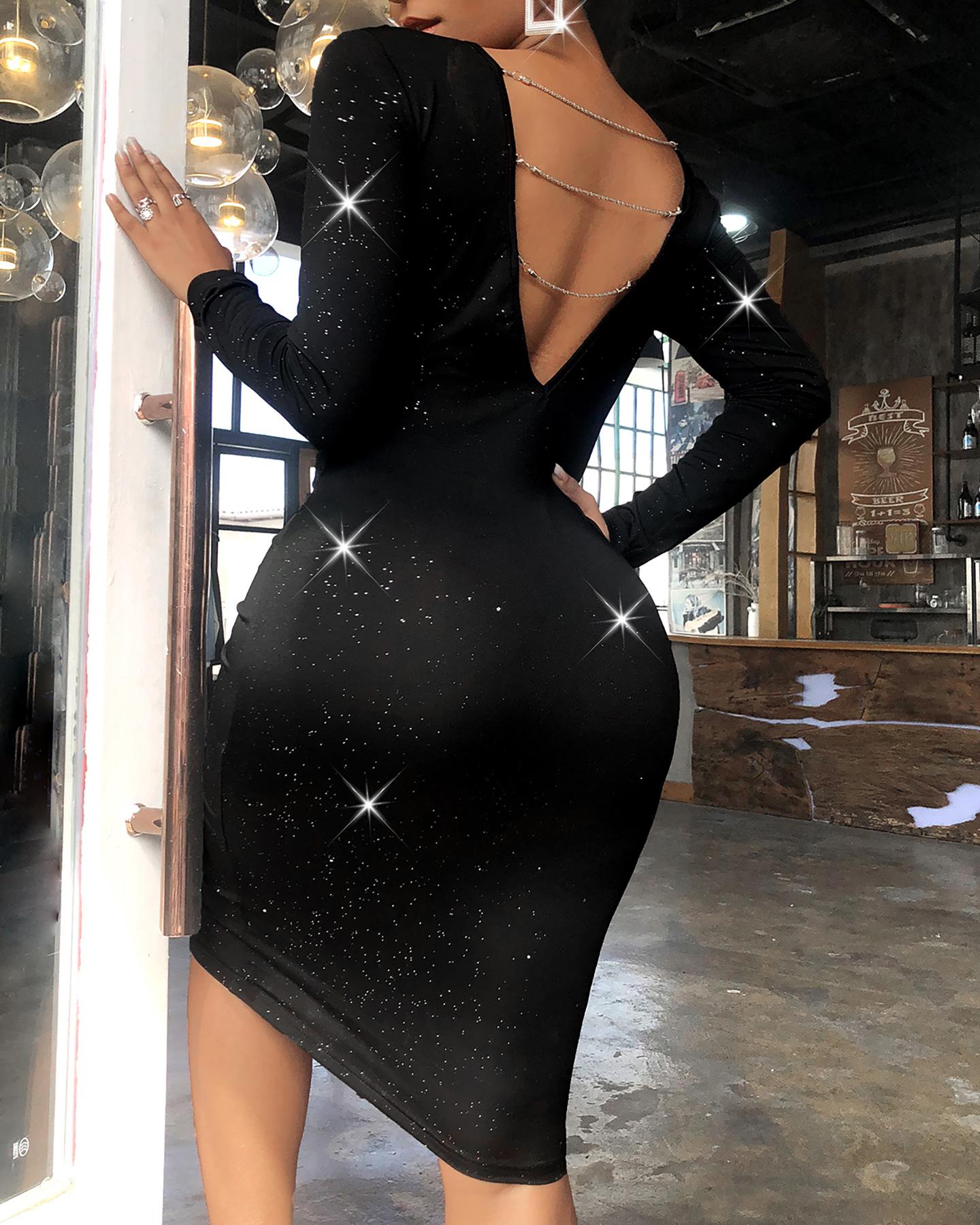 

Glitter Studded Strap Backless Party Dress, Black