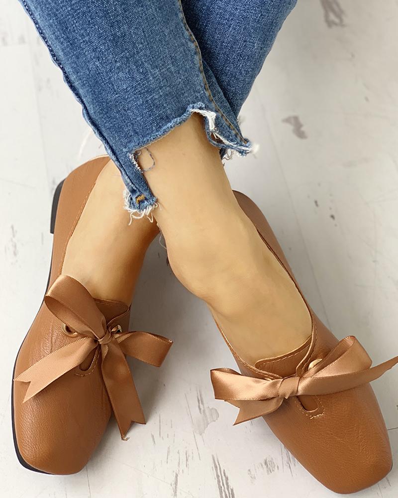 

Bowknot Design Casual Flat Shoes, Dark brown