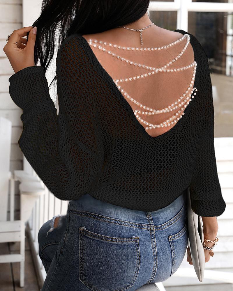 

Fishnet Beaded Strap Lace-up Top, Black