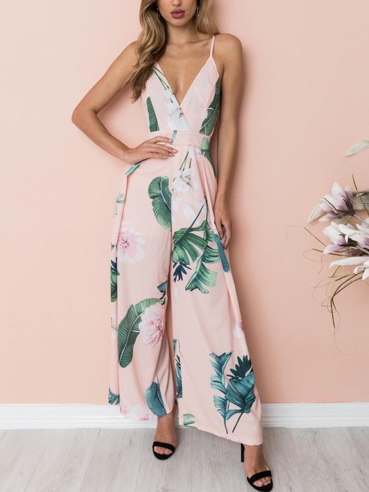 

Stylish Leaf Print Wrapped Wide Leg Jumpsuit, Pink