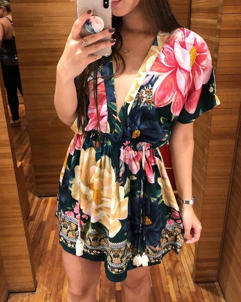

V-Neck Short Sleeve Floral Print Dress, Multicolor