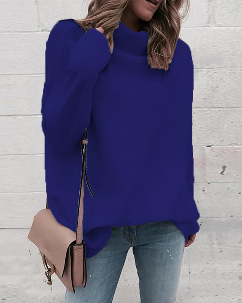 

Solid Long Sleeve High Neck Sweater, Blue