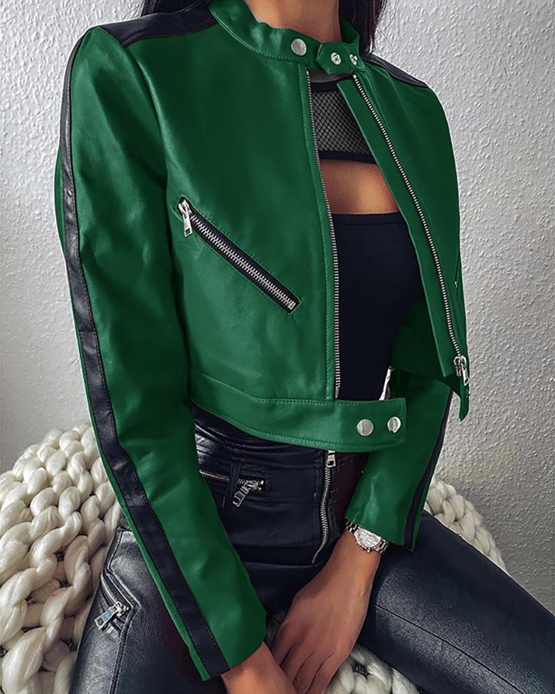 

Zipper Design Colorblock Long Sleeve Jacket, Green