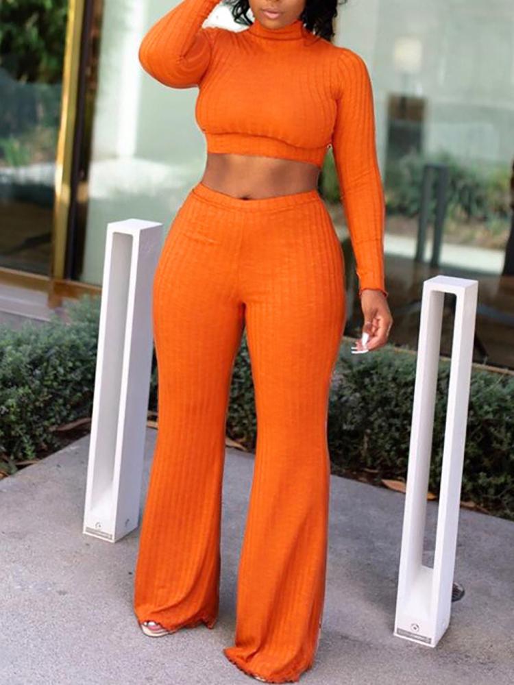 

High Neck Crop Top & Wide Leg Pant Sets, Orange