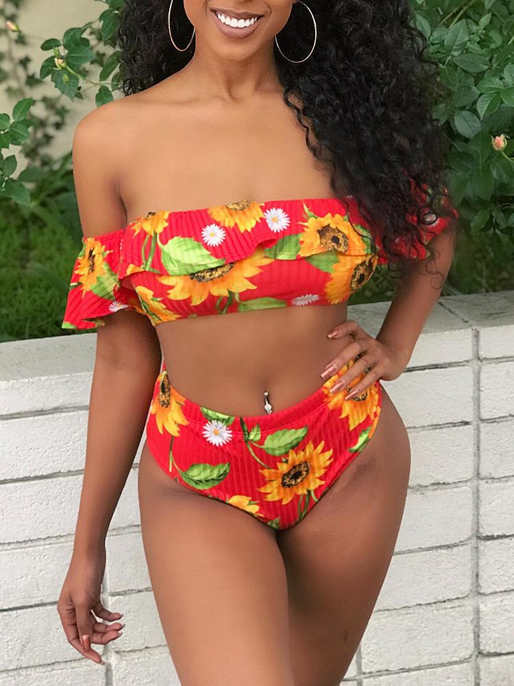 

Ruffle Off Shoulder Floral High Waist Bikini, Red
