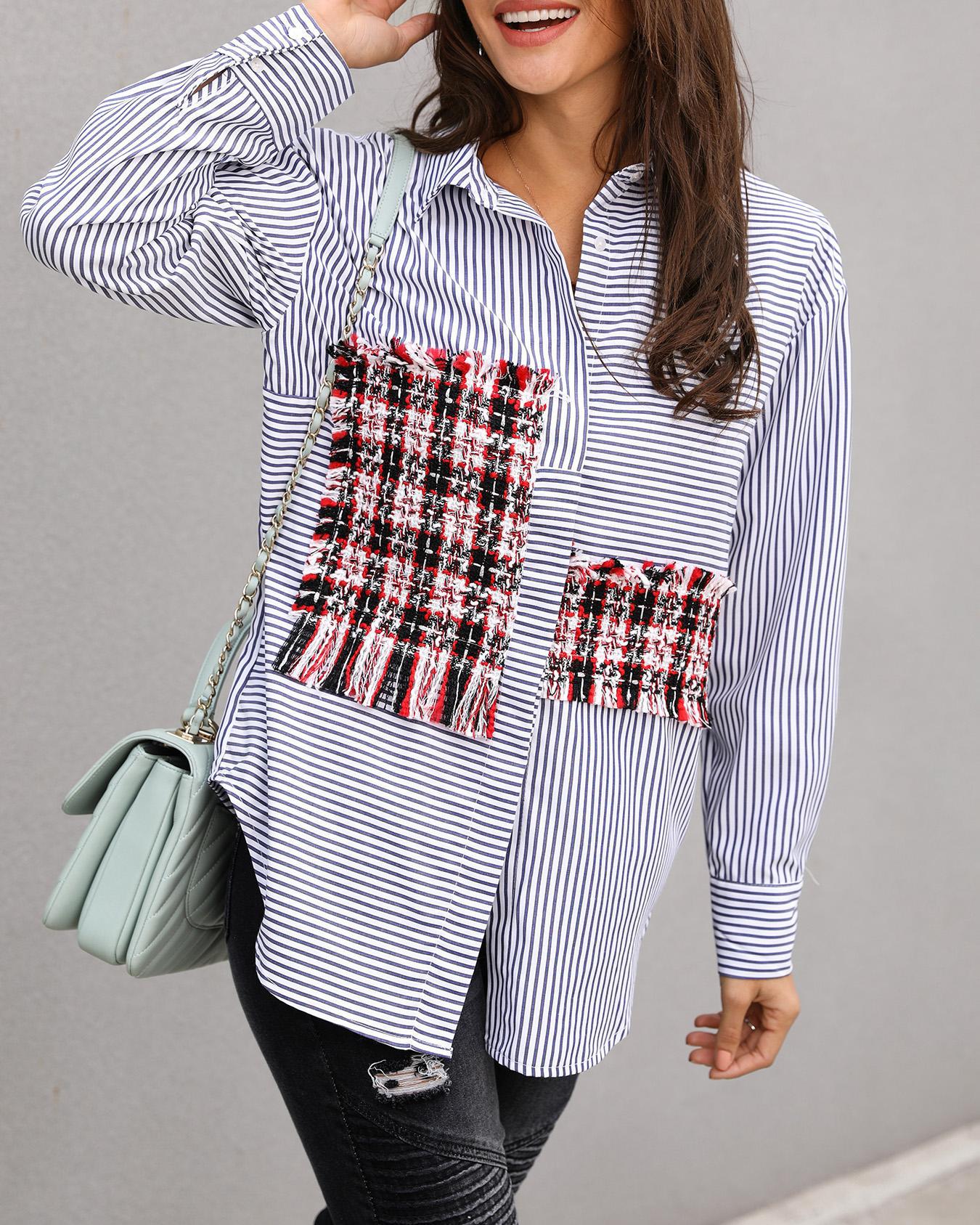 

Striped Patch Splicing Casual Shirt, Blue