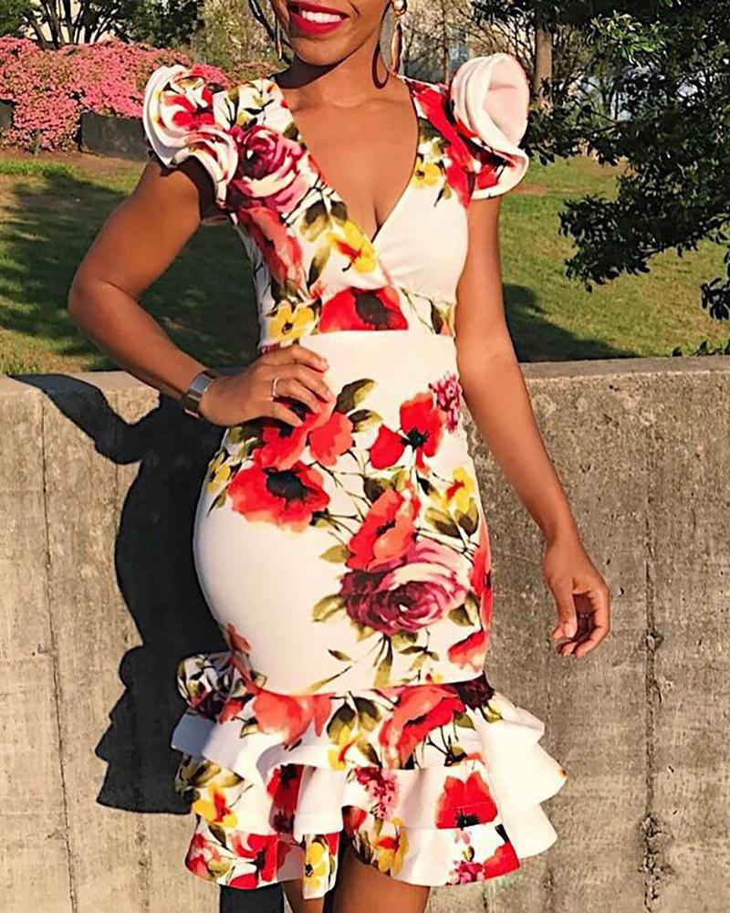

Floral Print Layered Ruffles Bodycon Dress