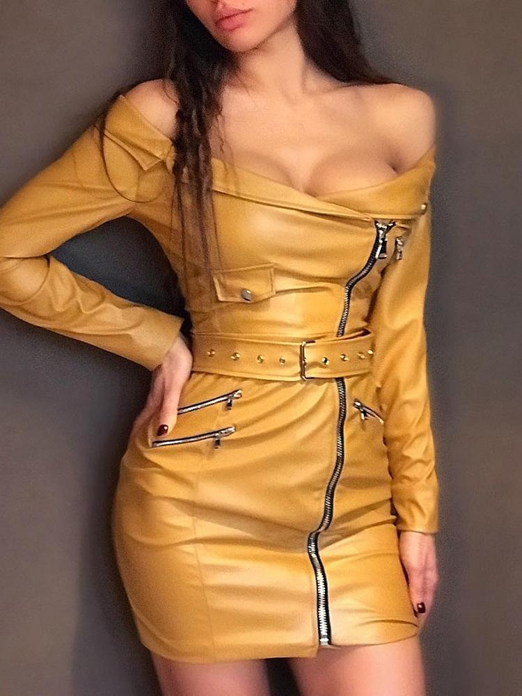 

Off Shoulder Zipper Design Belted PU Dress, Dark yellow