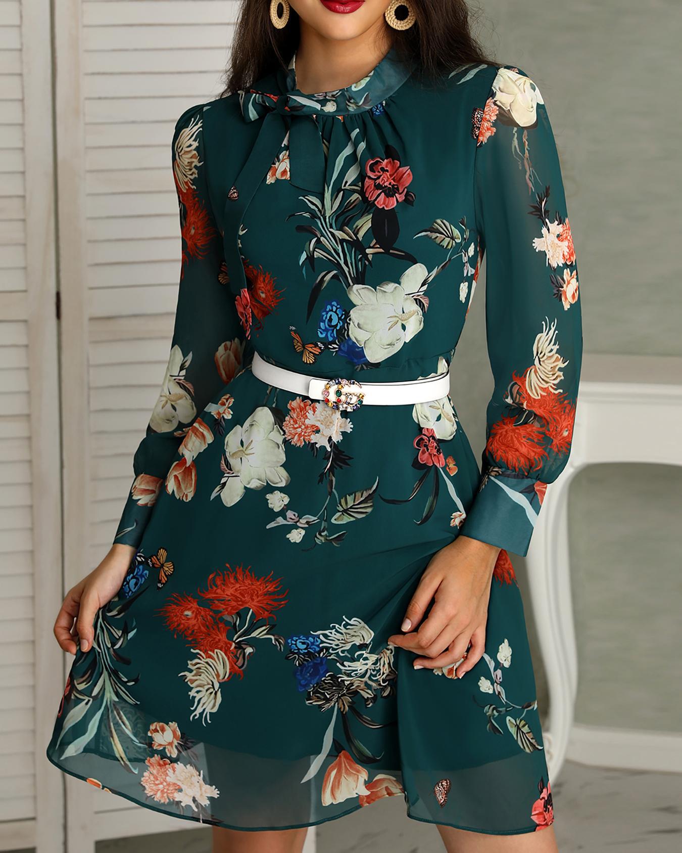 

Floral Print Tie Neck Long Sleeve Casual Dress, Green