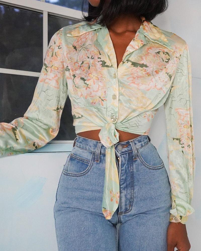 

Floral Print Long Sleeve Casual Blouse, Green