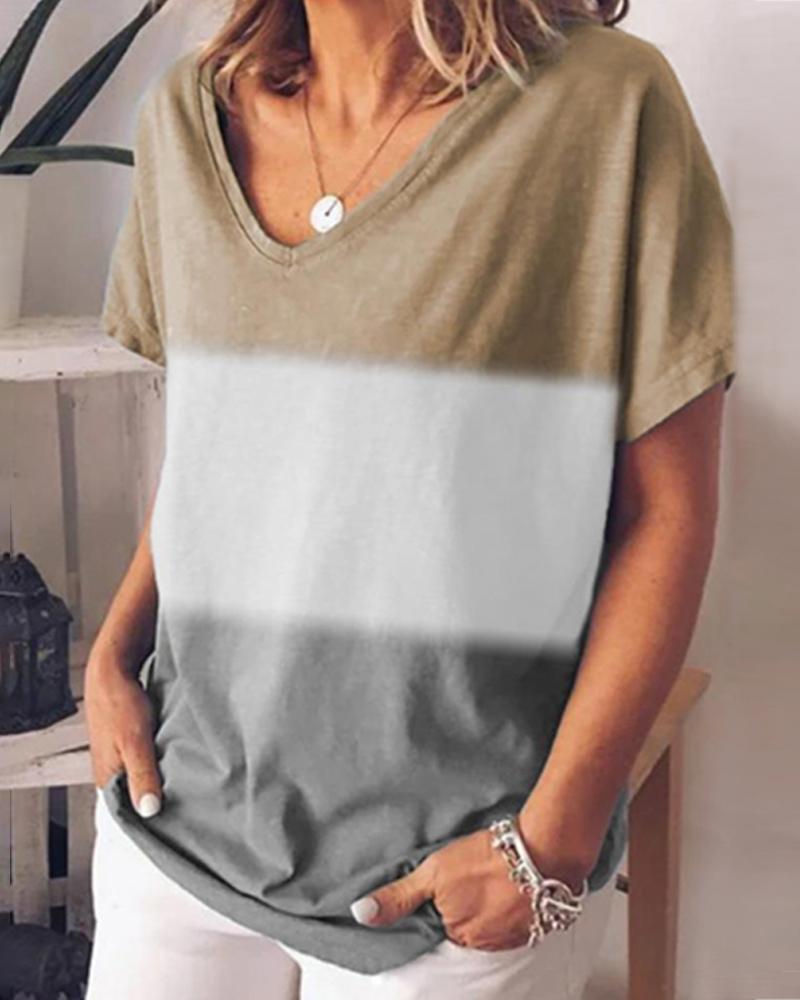 

Color Block Striped V-neck T-shirt, Gray