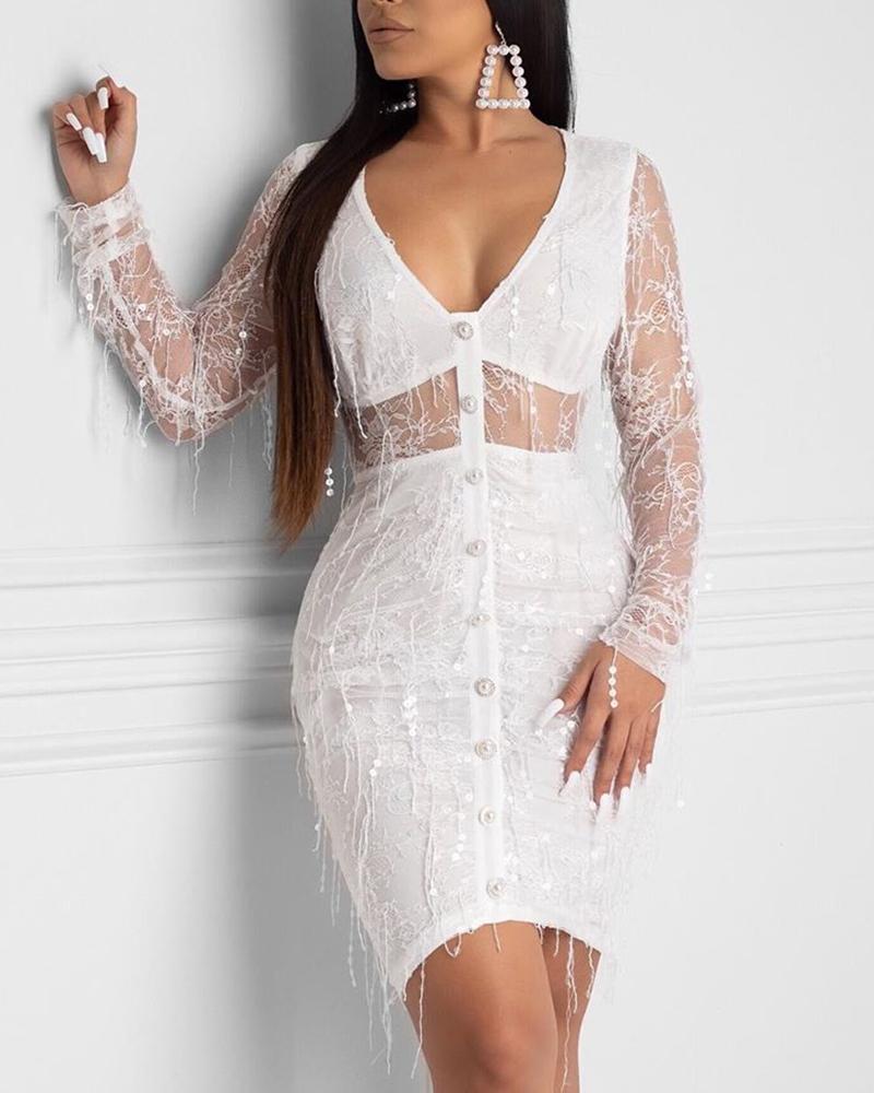 

Plunge Neck Mesh Mini Dress, White