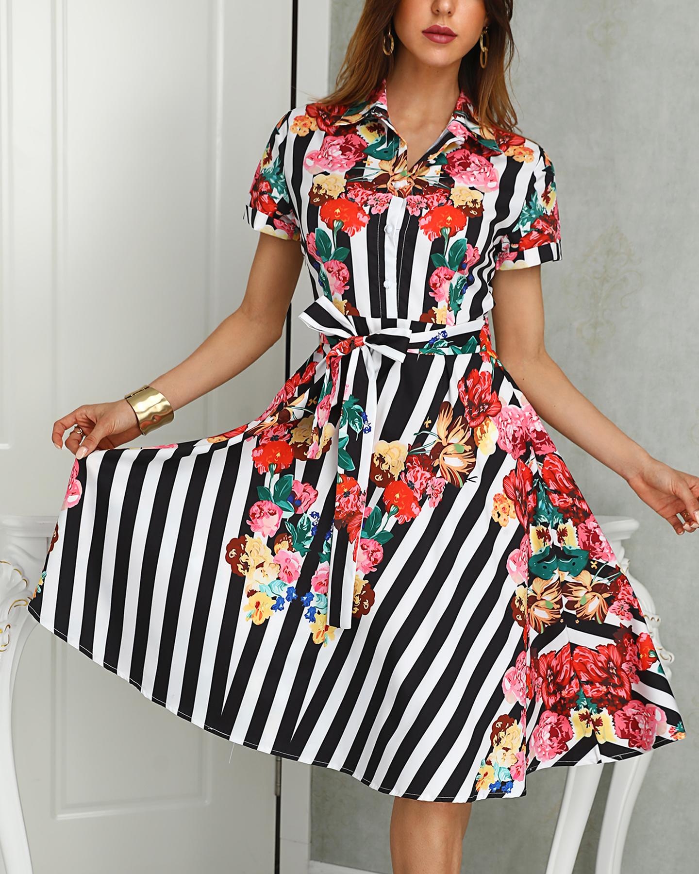 

Striped Floral Print Buttoned Shirt Dress, Multicolor