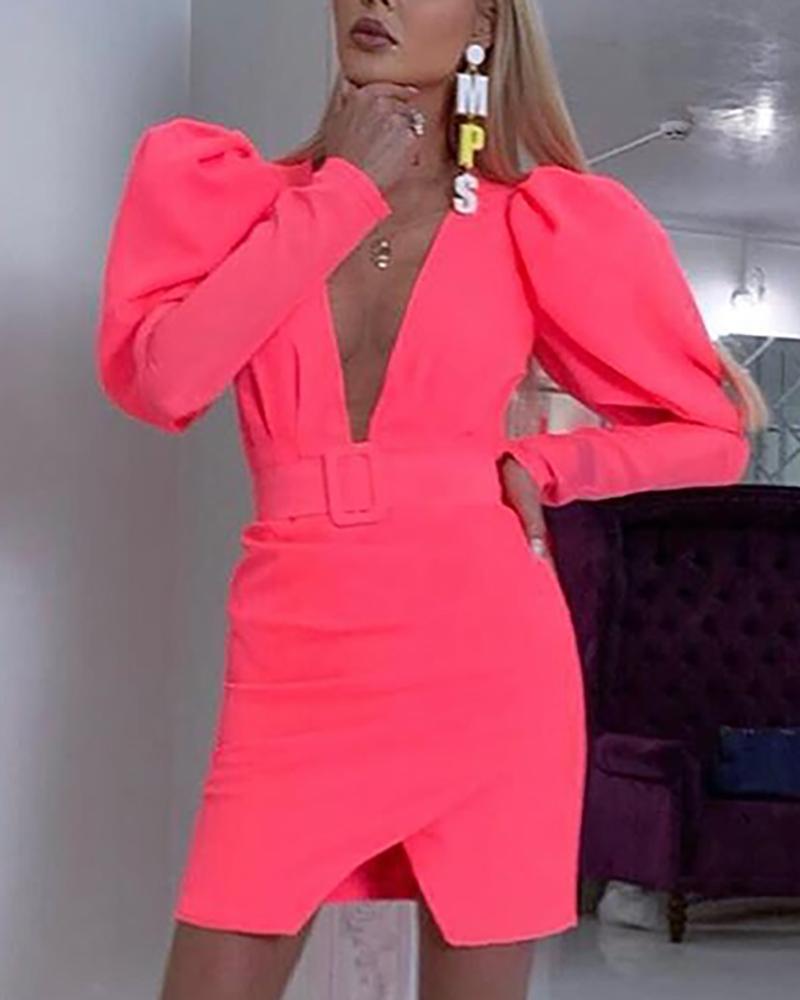 

Lantern Sleeve Plunge Slit Bodycon Dress