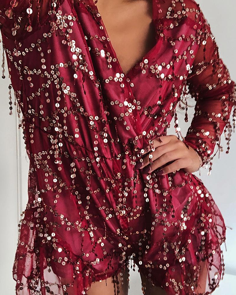 

Sequin Tassels Embellished Wrap Over Mini Dress, Wine red