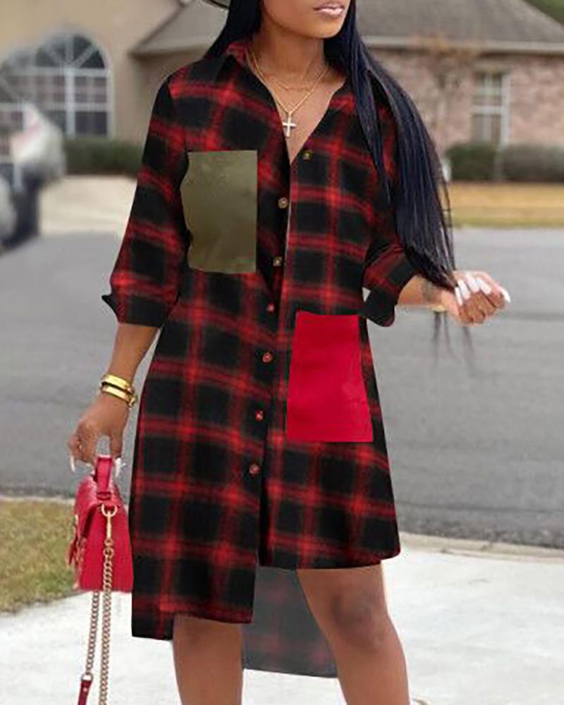 

Grid Irregular Design Shirt Dress, Red