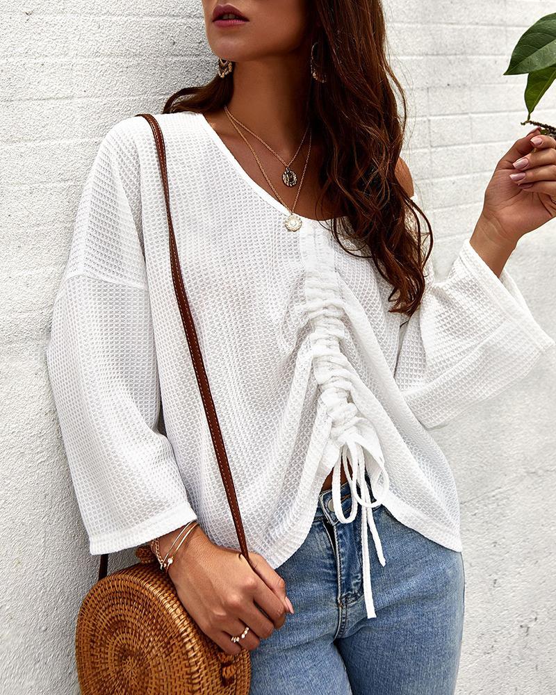 

Drawstring Ruched Long Sleeve Casual Top, White