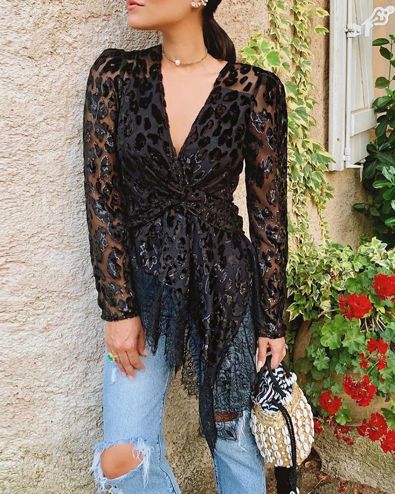 

V Neck Twisted Design Lace Insert Sheer Mesh Blouse, Black