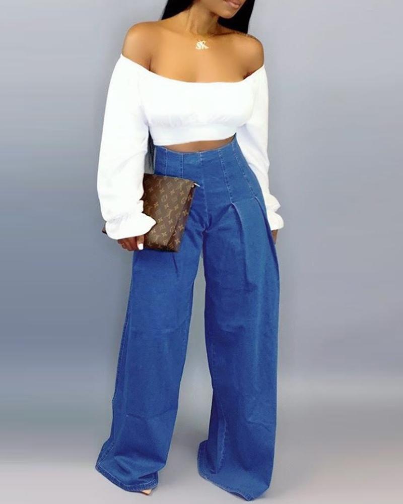

Off Shoulder Long Sleeve Crop Top & Wide Leg Denim Pants Sets, White