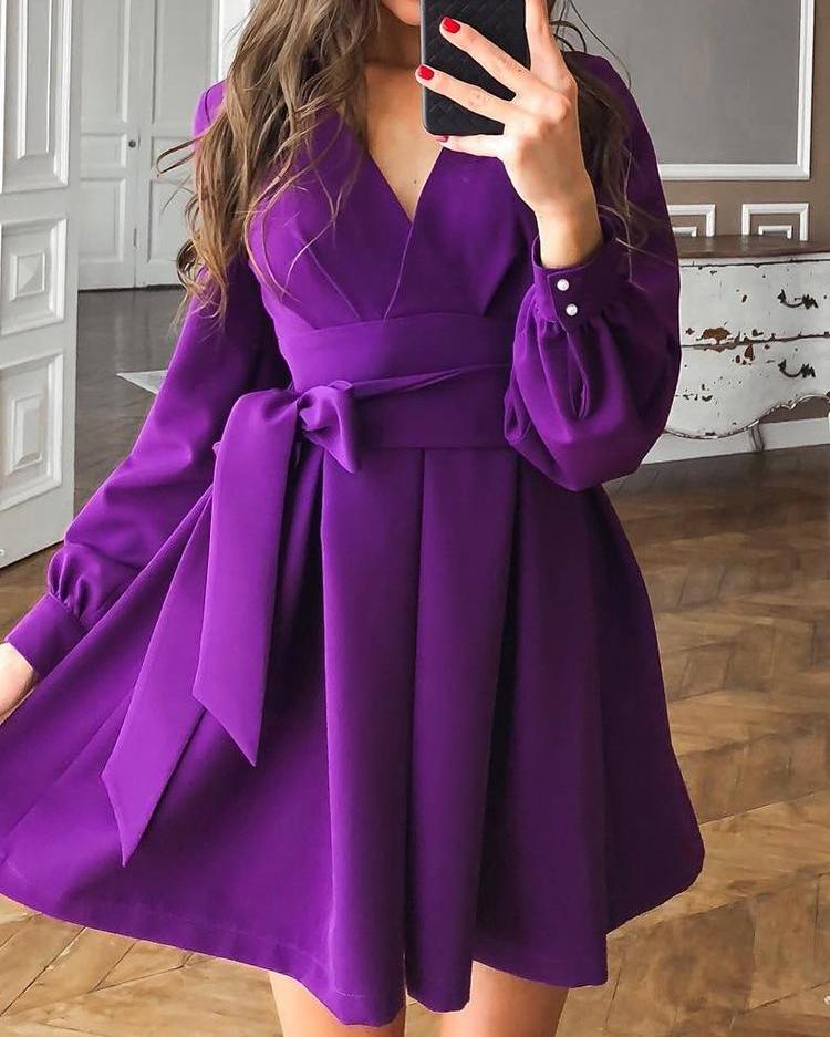 

Lantern Sleeve Tie Waist Pleated Mini Dress, Purple