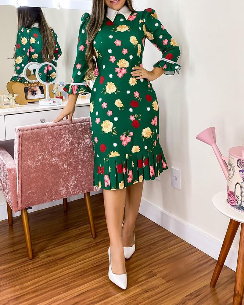 

Floral Print Ruffles Hem Puffed Sleeve Midi Dress, Green